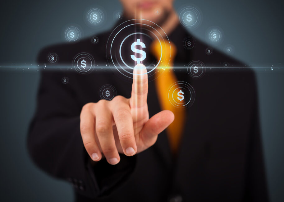 Businessman pressing modern business type of buttons Businessman pressing business type of modern buttons with virtual background